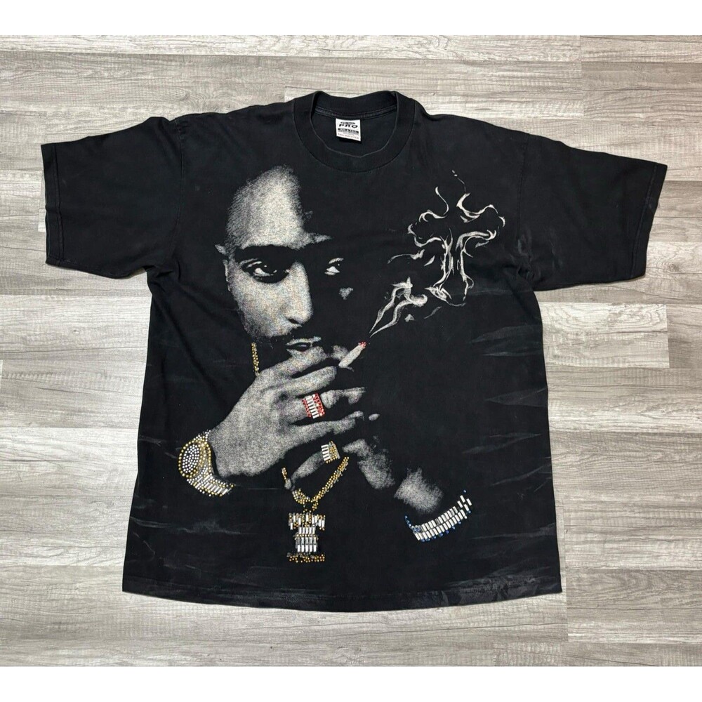 Vintage Tupac T-Shirt Rap Tee Smoking Bedazzled Sequins Stud Big Graphic 2XLT